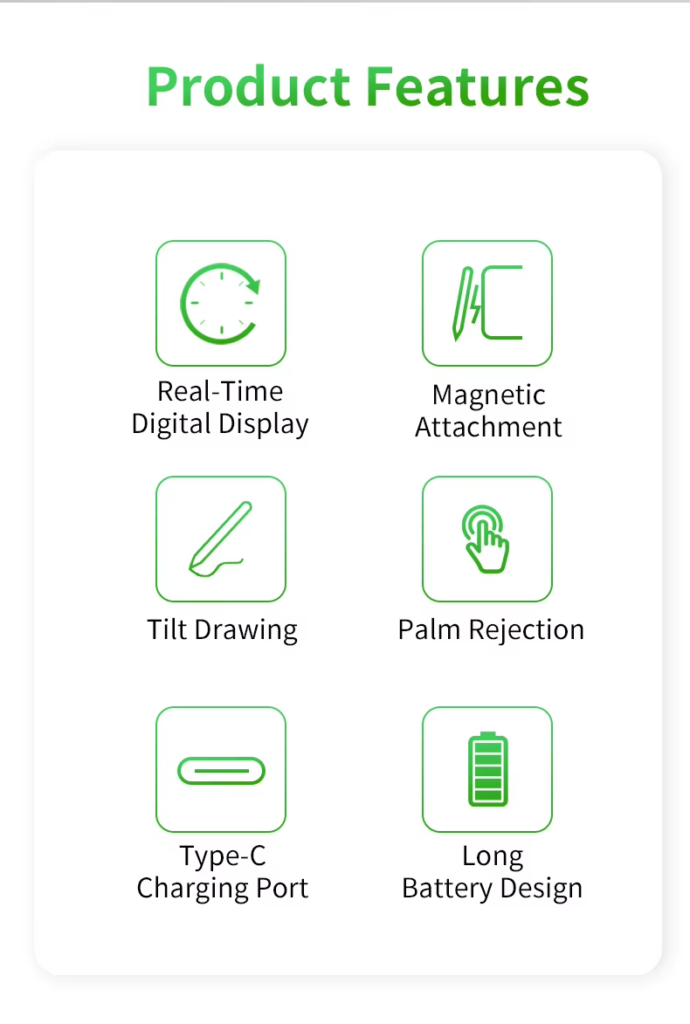 Product title or header graphic describing the stylus as a "Real-Time Digital Display Capacitive Stylus Pen" with tilt drawing, palm rejection, and a battery indicator.