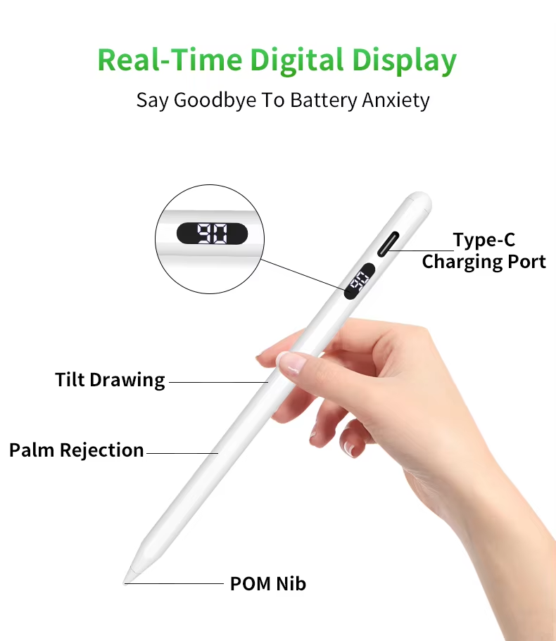 Visual summary of the stylus's essential features: real-time battery display, Type-C charging, tilt drawing, palm rejection technology, and a high-quality POM nib.