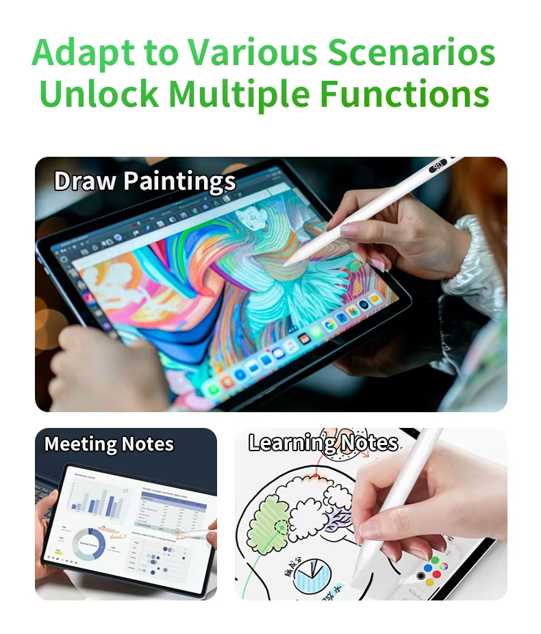Lifestyle graphic illustrating the stylus adapting to various scenarios: drawing paintings, taking meeting notes, and making learning notes, unlocking multiple functions.