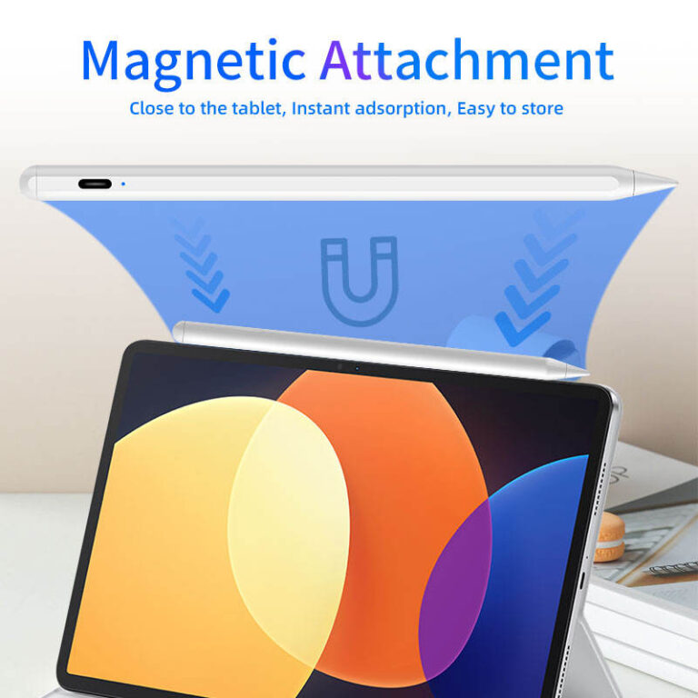 AP05 Stylus Pen for iPad 10th&11th Graphic showing the magnetic attachment feature, where the stylus adsorption instantly to the side of an iPad for convenient carrying and storage, preventing loss.