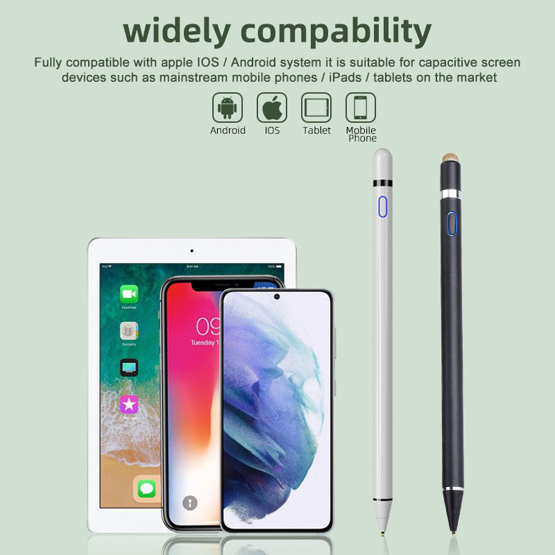 Graphic illustrating the wide compatibility of the stylus with Apple iOS and Android systems, suitable for mainstream capacitive screen phones, iPads, and tablets.