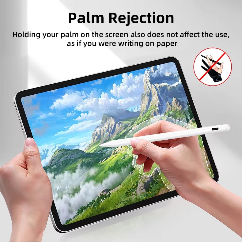 Illustration demonstrating the palm rejection feature, allowing users to rest their hand comfortably on the iPad screen while writing or drawing, mimicking the feel of paper.