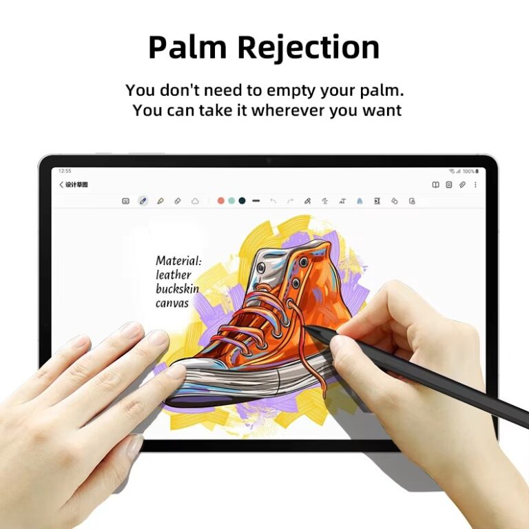 EM28 For Samsung Tablet Stylus S Pen Graphic explaining the palm rejection feature of the EMR stylus, allowing the user to rest their hand comfortably on the screen while writing or drawing, with material options listed.