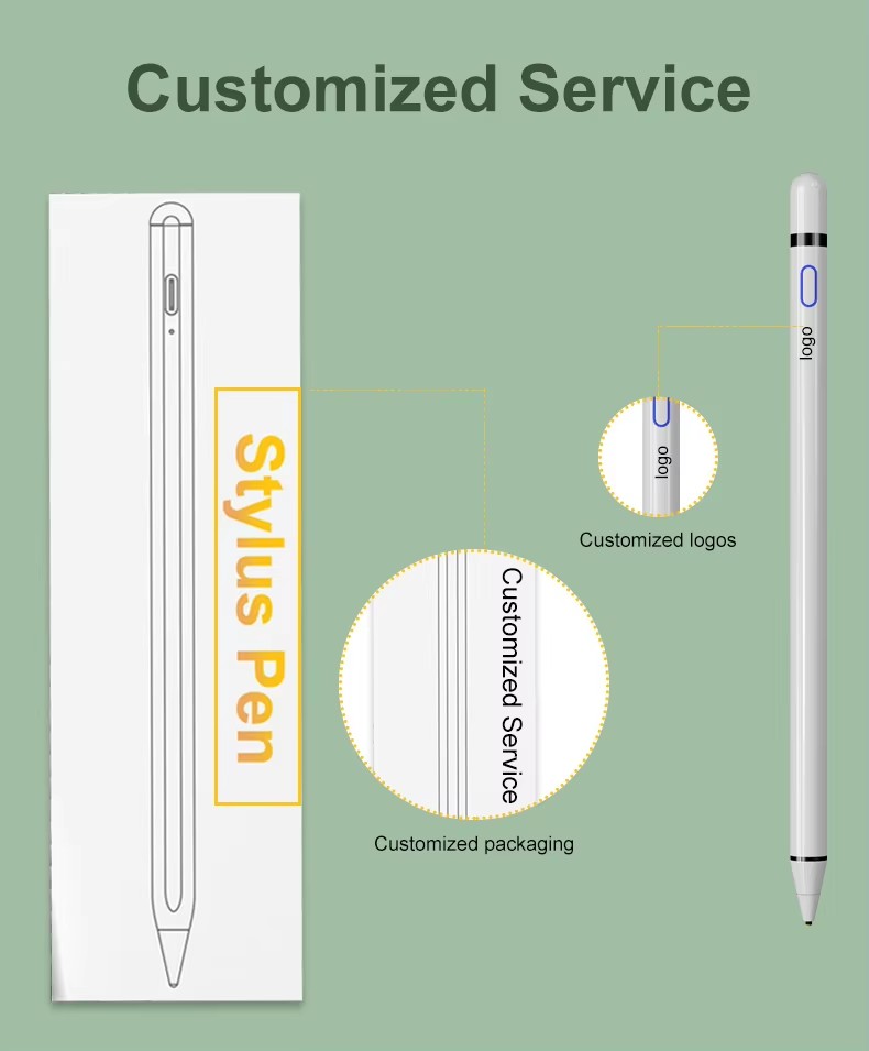 Graphic promoting the factory's customized service for stylus pens, including custom logo printing and personalized packaging design for brand owners.