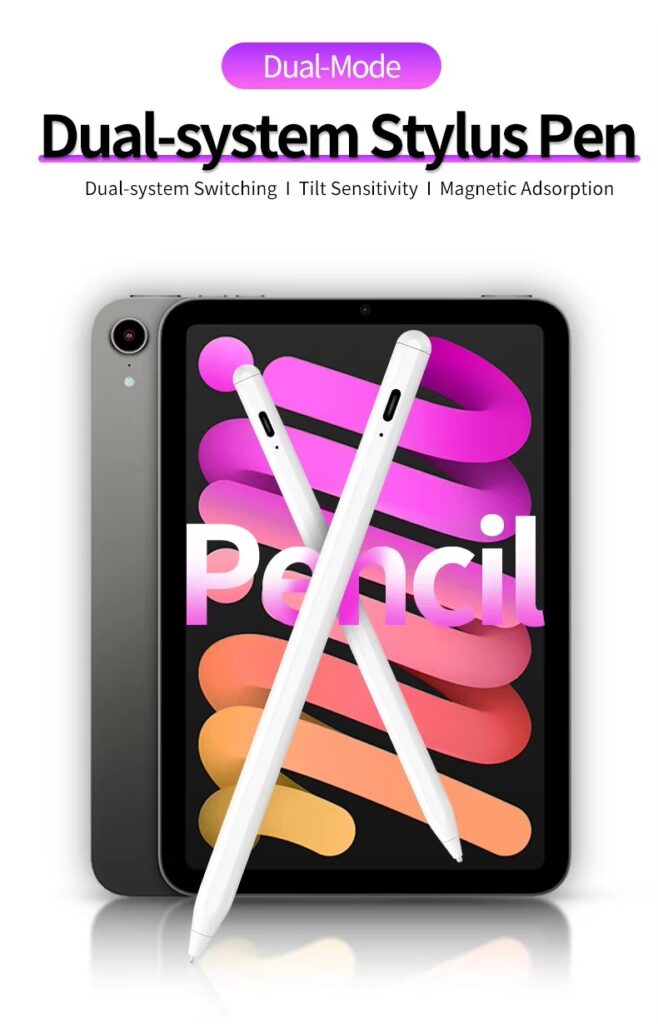 Visual showing the stylus in Universal Mode (indicated by blue light), compatible with a wide range of smartphones, tablets, and other capacitive screen electronic devices.