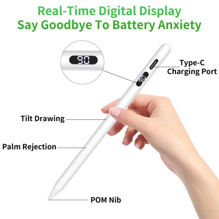 AP09 Digital Display Pen for iPad Pro M5 Visual summary of the stylus's essential features: real-time battery display, Type-C charging, tilt drawing, palm rejection technology, and a high-quality POM nib.