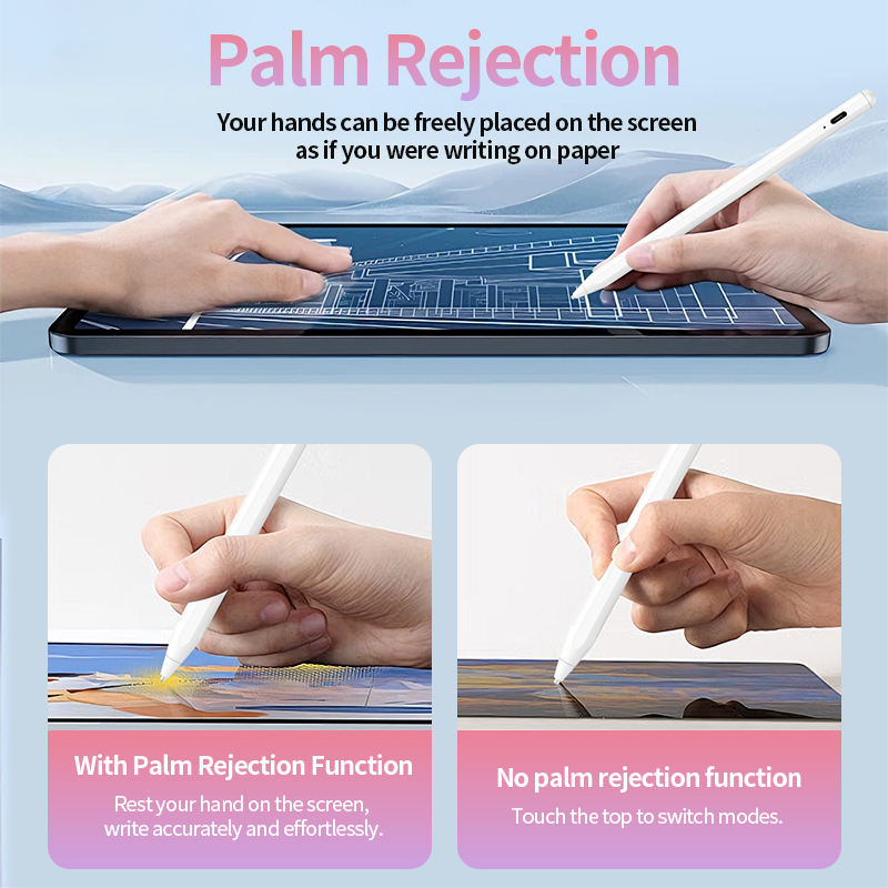 Side-by-side comparison showcasing the palm rejection function (allows hand to rest on screen for natural writing) versus no palm rejection (requires awkward hand posture).