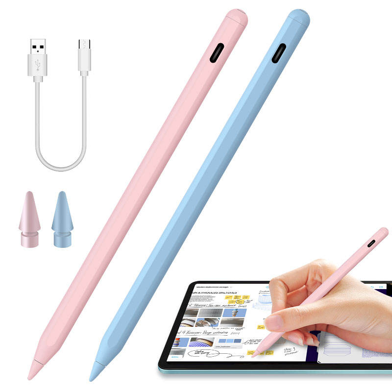 Main product image showcasing a sleek iPad stylus pen, highlighting its dual charging capability (wireless and Type-C) and full-screen palm rejection technology.