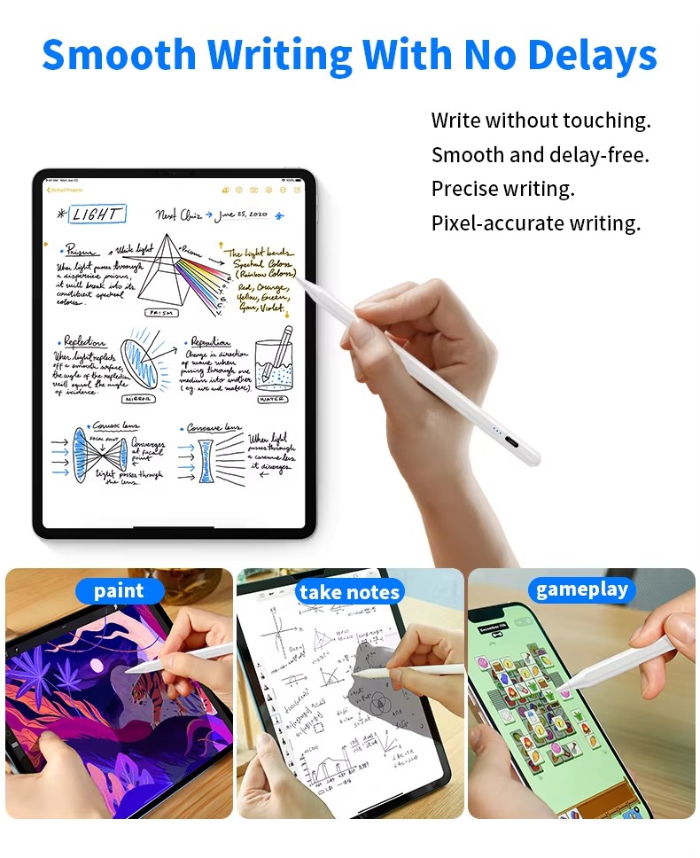 Creative graphic illustrating the smooth, delay-free, and pixel-accurate writing experience of the stylus, suitable for painting, taking notes, and mobile gameplay.