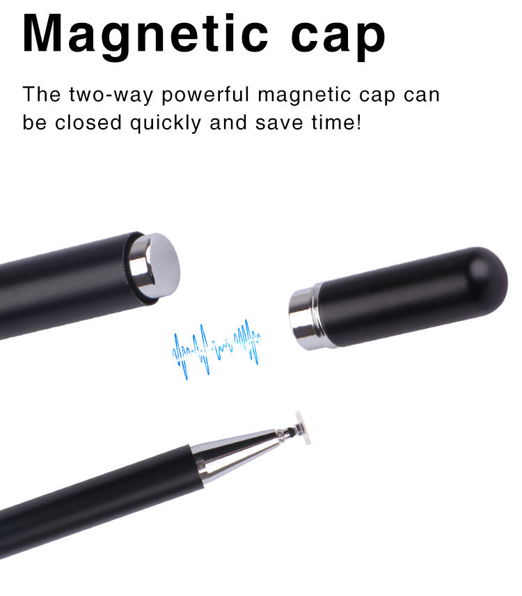 Text overlay on a blank background (main image) reading: "Disc Stylus compatible with iPhone iPad, Android and most capacitive touch screen devices," highlighting universal compatibility.