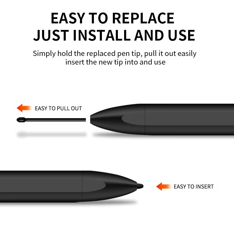 Step-by-step guide showing how to easily replace the pen tip on the EMR stylus: simply pull out the old tip and insert a new one for continued use.