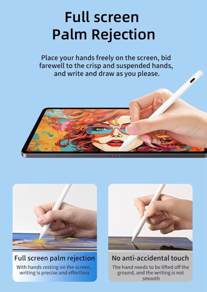 Detailed technical parameters for the iLink Series capacitive stylus: ABS+PC material, 125mAh battery, 11 hours constant use, 12 months standby, 2 hours Type-C charging time.