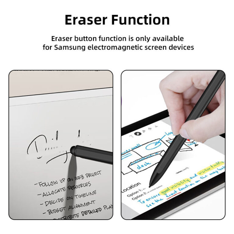 EM28 For Samsung Tablet Stylus S Pen Graphic highlighting the eraser button function on the EMR stylus, which is specifically designed for and only works with Samsung electromagnetic screen devices.