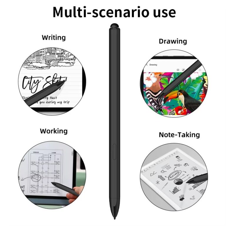 EM28 For Samsung Tablet Stylus S Pen Illustration showing the versatile applications of the EMR stylus, including writing, drawing/sketching, and professional work/note-taking.