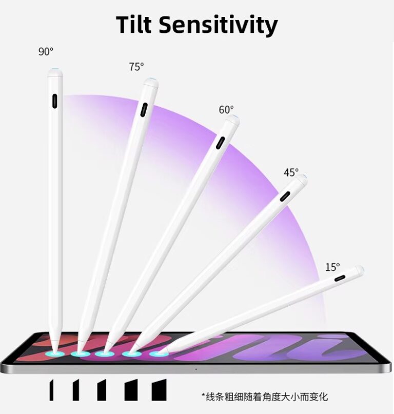Visual guide to the tilt sensitivity function, showing how the line thickness changes dynamically with the pen’s tilt angle, from fine lines at 90° to thick strokes at 15°.
