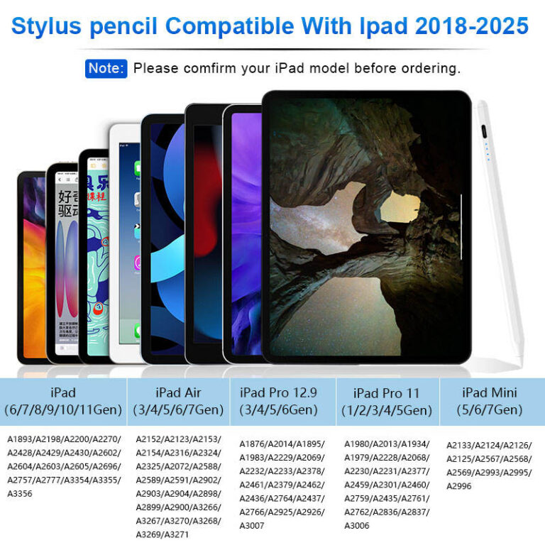 AP05D4 2025 New Touch Pen for iPad M2/M3/M4 Detailed compatibility chart for the stylus pen, listing supported iPad, iPad Air, iPad Pro 12.9", iPad Pro 11", and iPad Mini models by generation and specific model codes from 2018 to 2025. Includes a note to confirm model before ordering.