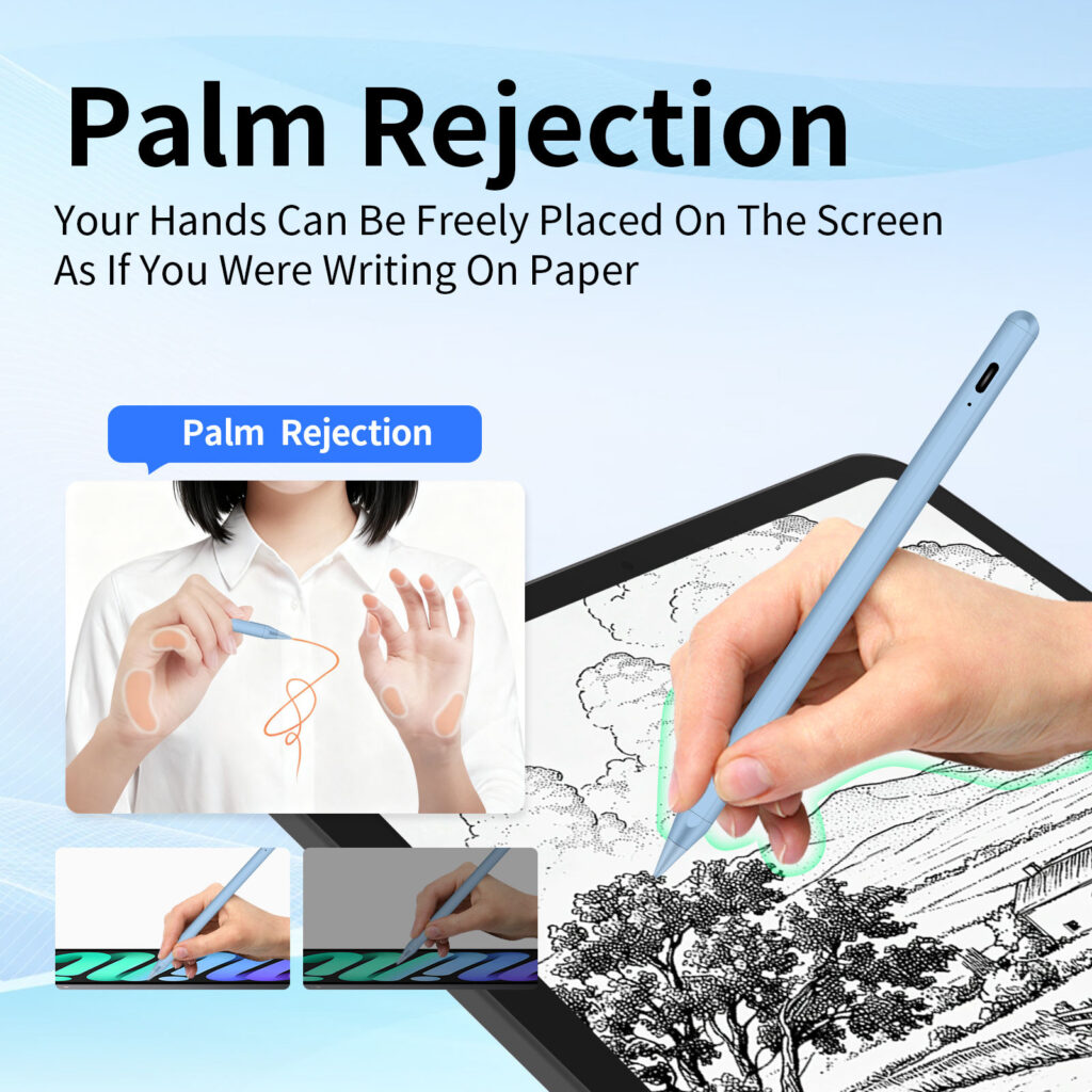 Visual explaining the palm rejection feature, which allows users to place their hand freely on the iPad screen while writing or drawing, creating a natural paper-like experience.