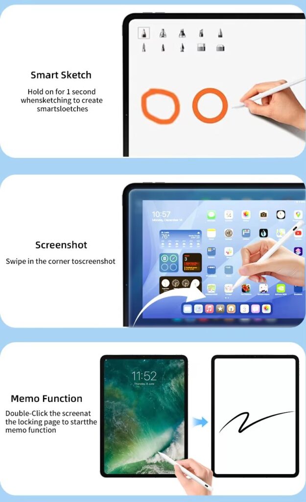 Guide to smart functions: hold for 1 second to create smart sketches, swipe corner for screenshot, double-click lock screen for memo function.