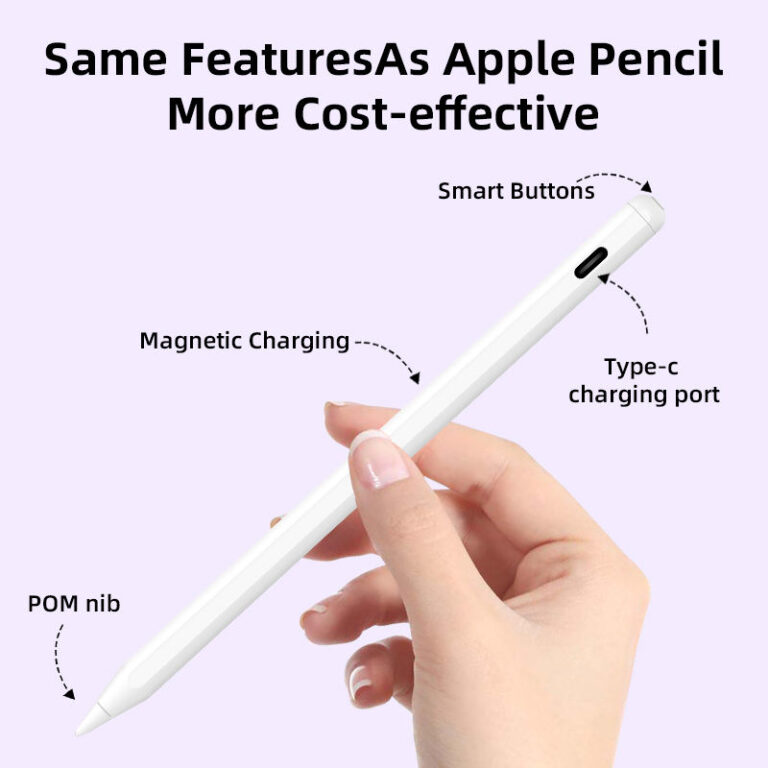 Comparison graphic positioning the stylus as a cost-effective alternative to Apple Pencil, featuring smart buttons, magnetic and Type-C charging, and a high-quality POM nib.