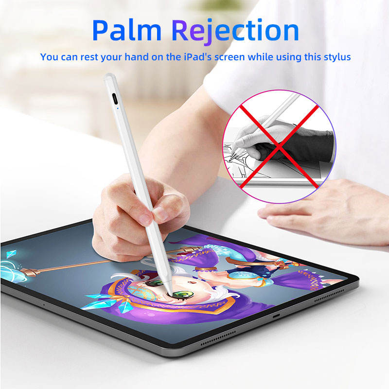 Illustration of the palm rejection feature, allowing users to rest their hand comfortably on the iPad screen while using the stylus for a natural writing or drawing feel.