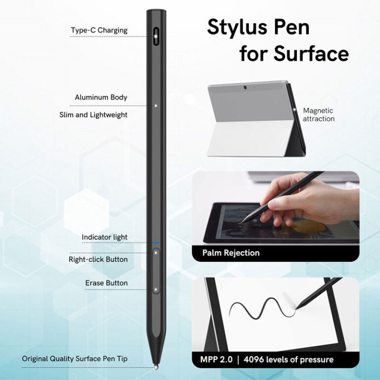 Feature breakdown graphic of the MPP 2.0 stylus for Surface: Type-C charging, aluminum body, slim design, indicator light, right-click/erase buttons, palm rejection, and original-quality tip with 4096 pressure levels.