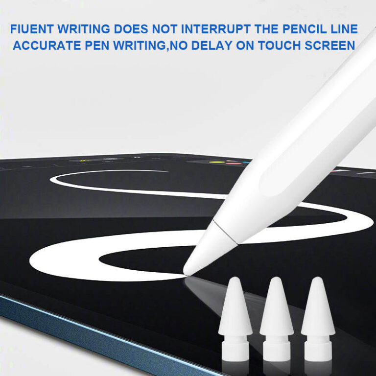 Split-screen comparison between "Our nibs" and "Official nibs" with text highlighting "NO DIFFERENCE FROM APPLE PENCIL," features include no delay, tilt pressure sensing, POM material, and overarching.