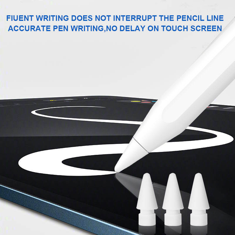 Split-screen comparison between "Our nibs" and "Official nibs" with text highlighting "NO DIFFERENCE FROM APPLE PENCIL," features include no delay, tilt pressure sensing, POM material, and overarching.