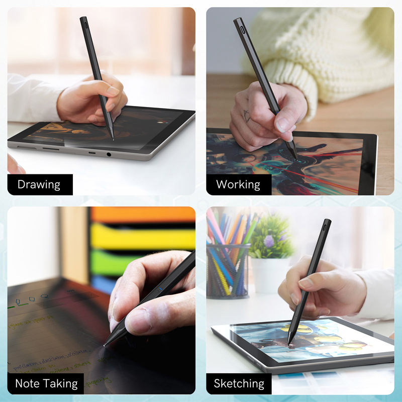 Lifestyle image showcasing the four primary professional and creative use cases for the MPP 2.0 stylus: digital drawing, office work, note-taking, and sketching.