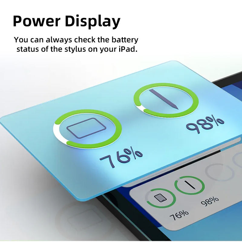 Feature graphic showing the real-time battery power display (e.g., 98%, 76%) of the stylus directly on the connected iPad’s screen, eliminating battery anxiety.