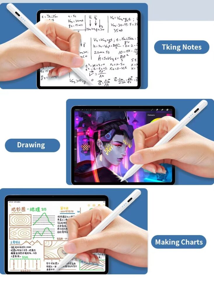 Promotional text highlighting the stylus's core qualities: touch sensitivity, precision, and the ability to deliver efficient, smooth writing and drawing experiences.