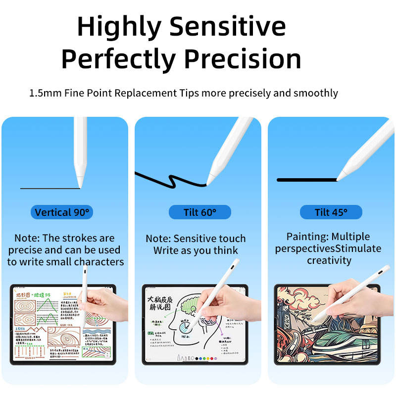 Graphic demonstrating the stylus's high sensitivity and precision with 1.5mm replaceable tips, showing different stroke effects at 90°, 60°, and 45° angles for writing and painting.