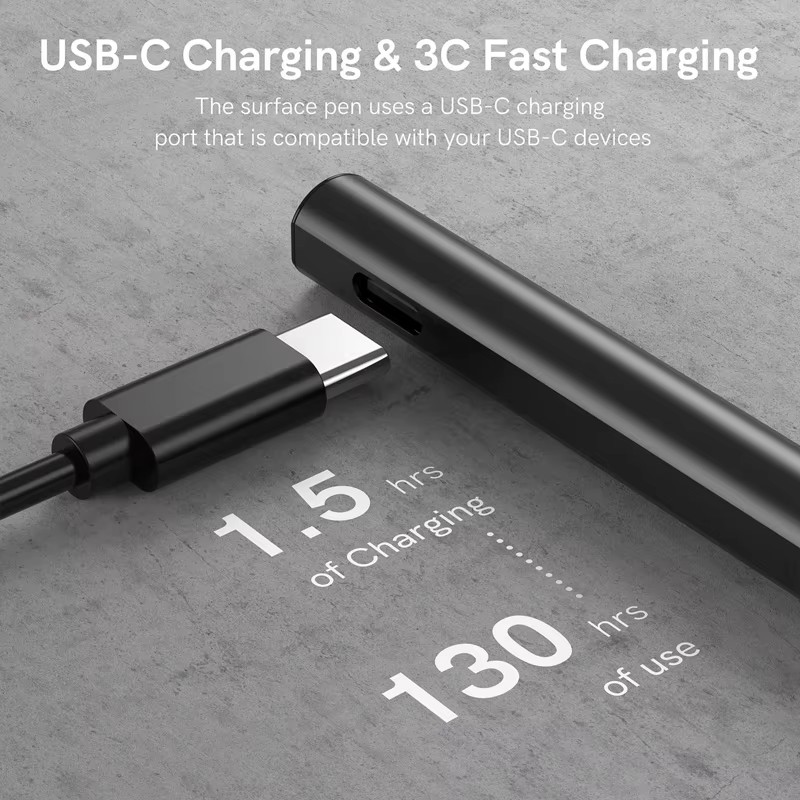 Graphic highlighting the USB-C fast charging capability of the MPP 2.0 stylus, showing that 1.5 hours of charging provides up to 130 hours of continuous use time.