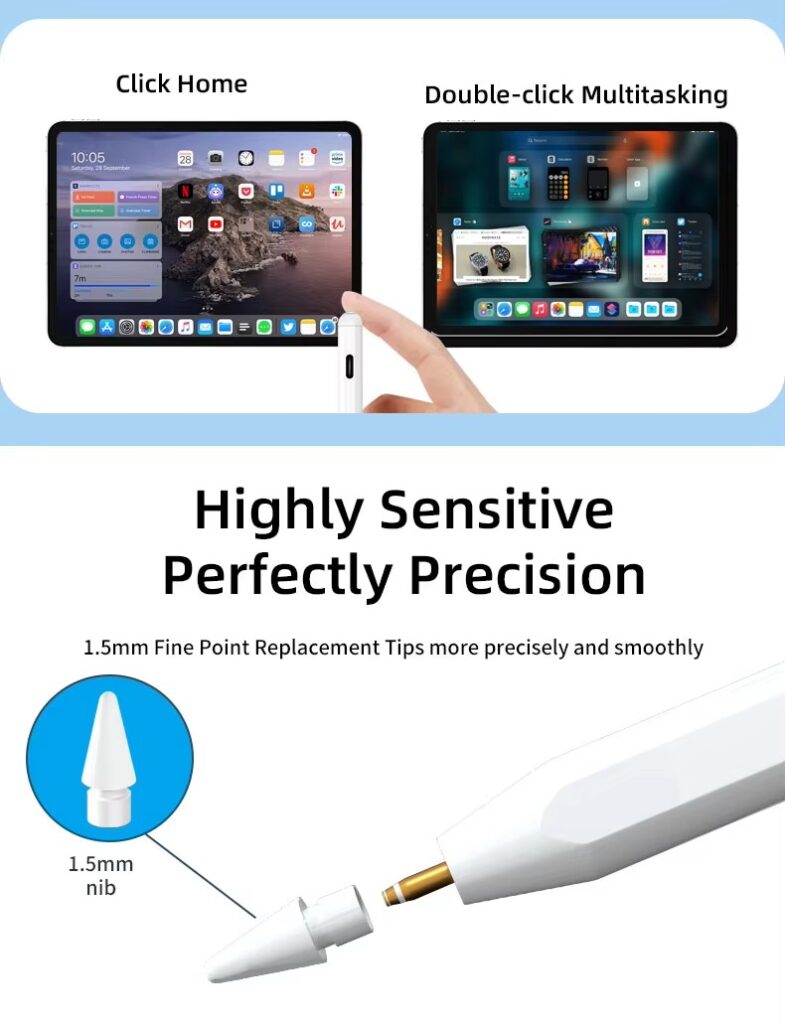 Image showing stylus shortcut functions (click for home, double-click for multitasking) and highlighting the 1.5mm fine point replacement tip for precise input.