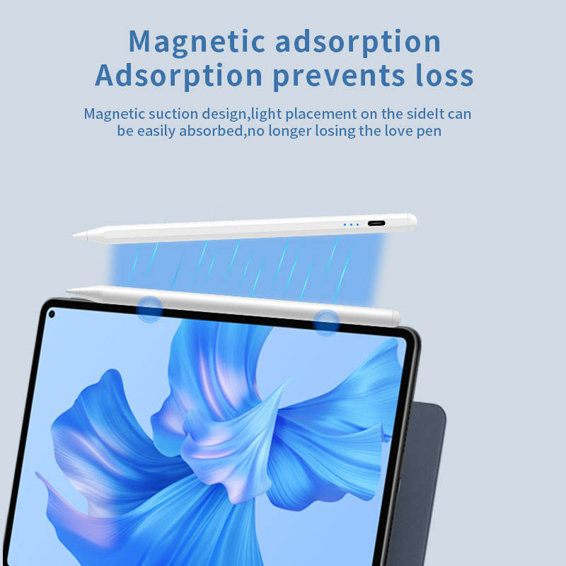 Illustration of the magnetic suction design, showing how the stylus吸附s to the side of an iPad for secure storage and to prevent loss, with a convenient placement feature.