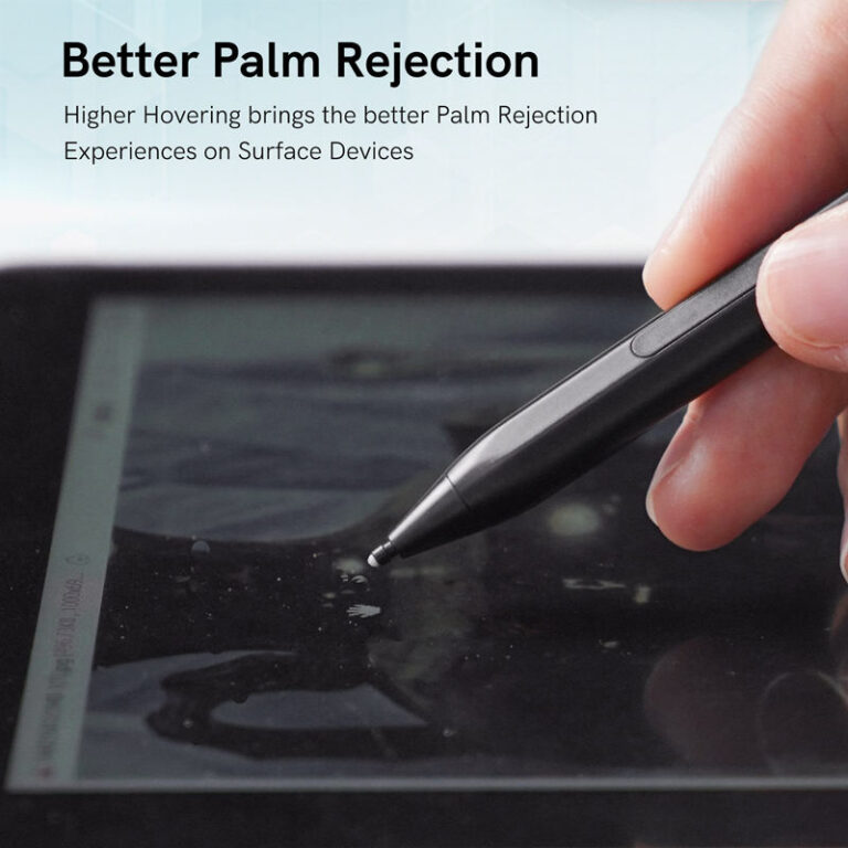 Technical illustration explaining how higher hovering technology in the MPP 2.0 stylus enables superior palm rejection, providing a more natural writing and drawing experience on Surface devices.